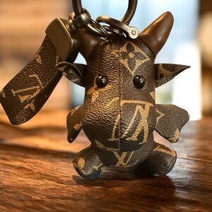 Brown tan Monogram Leather cow animal, keychain key ring bag charm New